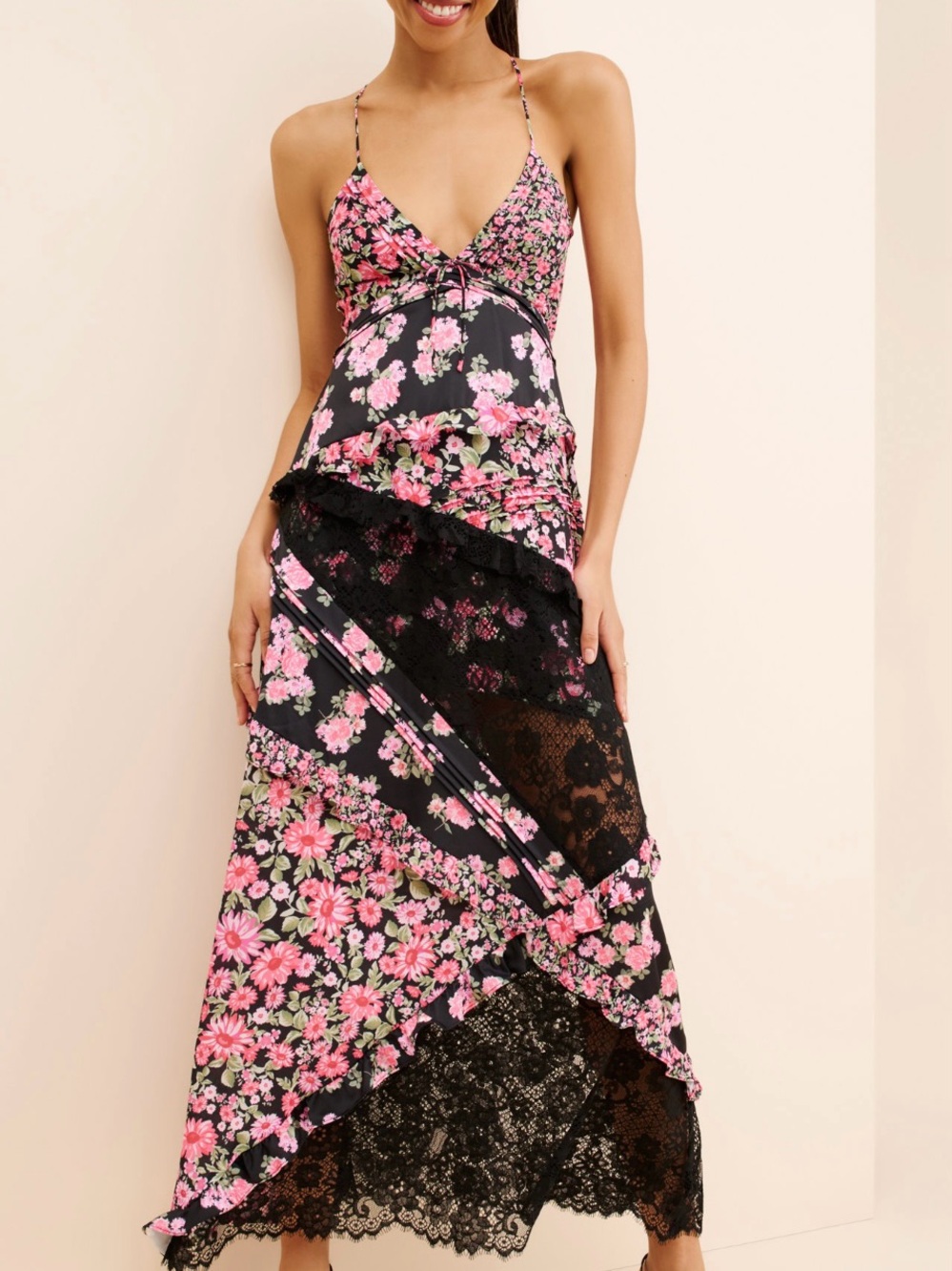 For Love and Lemons Rosalyn Floral Lace-Trim Maxi Dress in Black and Pink